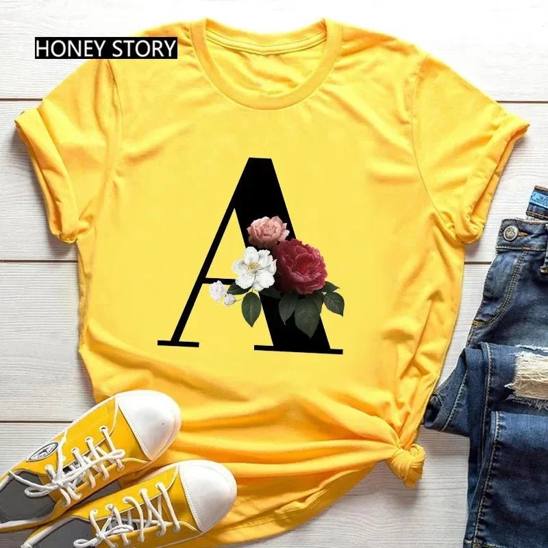 Large Size Flowers 26 English Letters Casual Yellow T-shirt Short Sleeve - Onlytenbucks.com