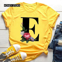 Large Size Flowers 26 English Letters Casual Yellow T-shirt Short Sleeve - Onlytenbucks.com