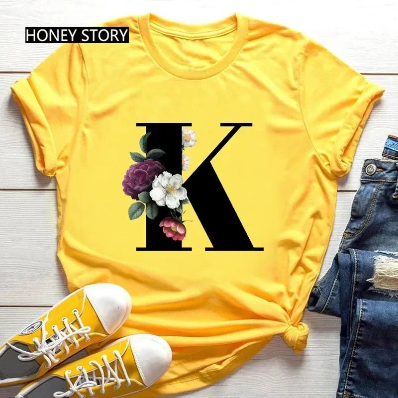 Large Size Flowers 26 English Letters Casual Yellow T-shirt Short Sleeve - Onlytenbucks.com