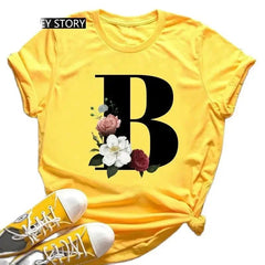 Large Size Flowers 26 English Letters Casual Yellow T-shirt Short Sleeve - Onlytenbucks.com
