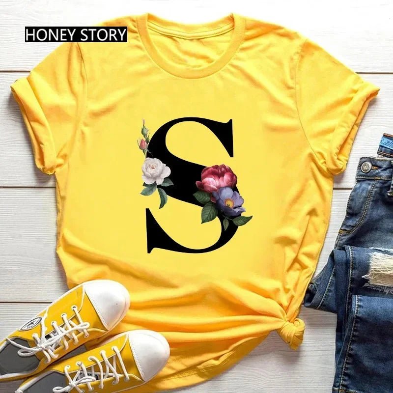 Large Size Flowers 26 English Letters Casual Yellow T-shirt Short Sleeve - Onlytenbucks.com