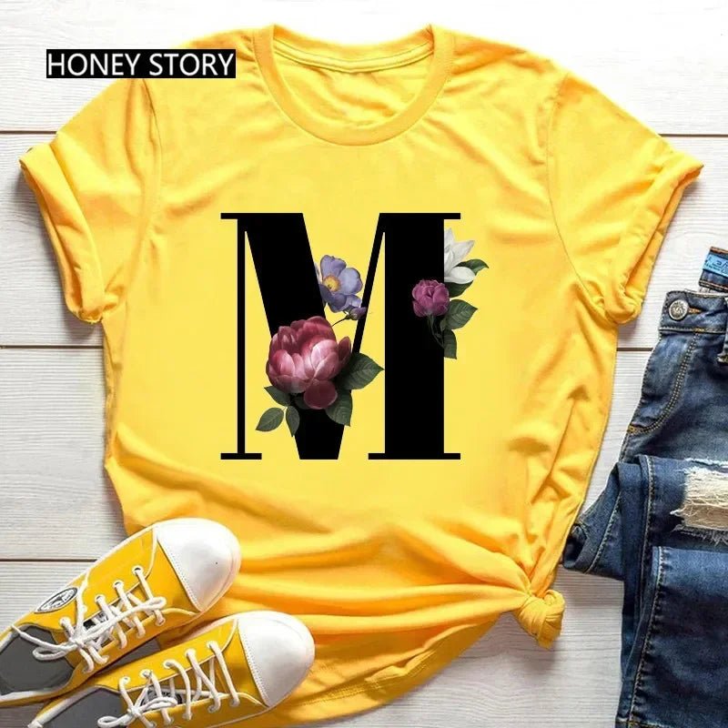 Large Size Flowers 26 English Letters Casual Yellow T-shirt Short Sleeve - Onlytenbucks.com