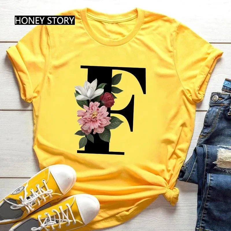 Large Size Flowers 26 English Letters Casual Yellow T-shirt Short Sleeve - Onlytenbucks.com