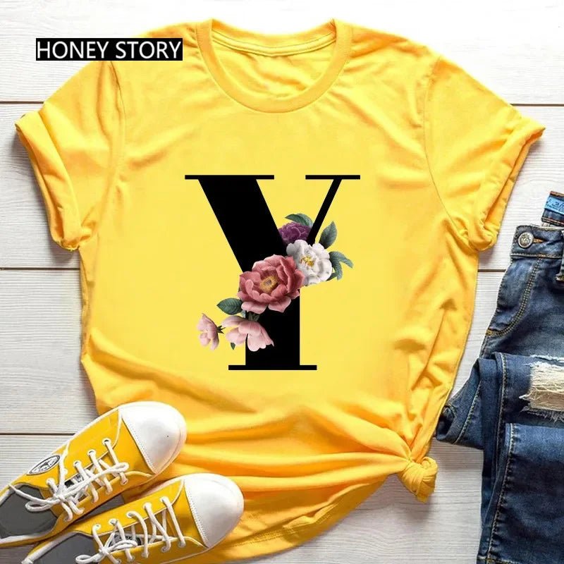 Large Size Flowers 26 English Letters Casual Yellow T-shirt Short Sleeve - Onlytenbucks.com
