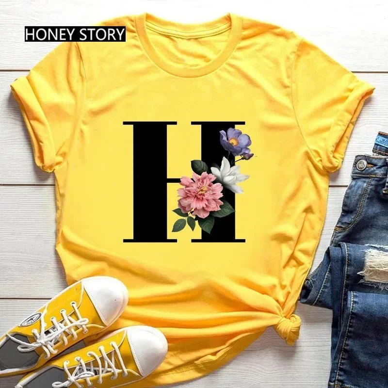 Large Size Flowers 26 English Letters Casual Yellow T-shirt Short Sleeve - Onlytenbucks.com