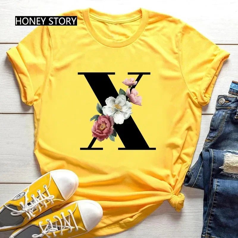 Large Size Flowers 26 English Letters Casual Yellow T-shirt Short Sleeve - Onlytenbucks.com