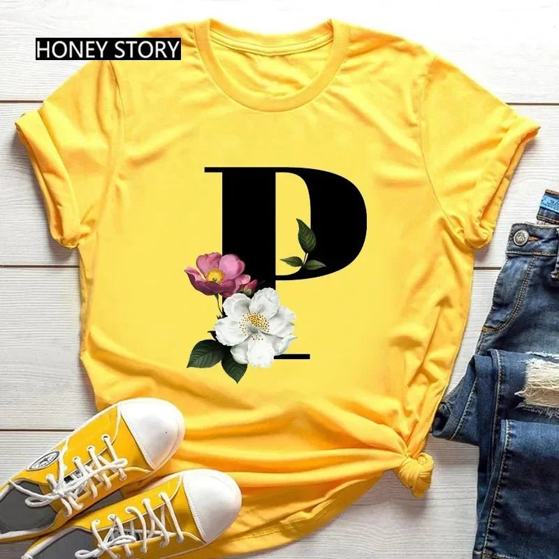 Large Size Flowers 26 English Letters Casual Yellow T-shirt Short Sleeve - Onlytenbucks.com