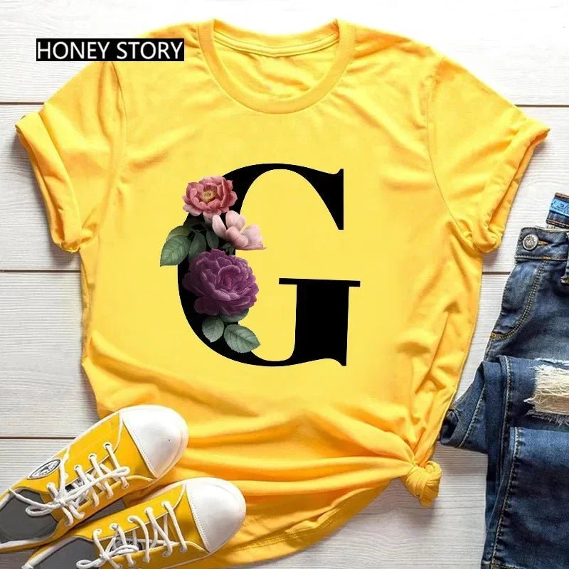 Large Size Flowers 26 English Letters Casual Yellow T-shirt Short Sleeve - Onlytenbucks.com
