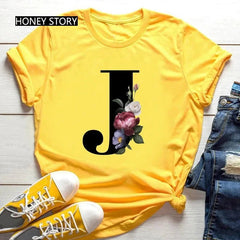Large Size Flowers 26 English Letters Casual Yellow T-shirt Short Sleeve - Onlytenbucks.com