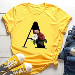 Large Size Flowers 26 English Letters Casual Yellow T-shirt Short Sleeve - Onlytenbucks.com