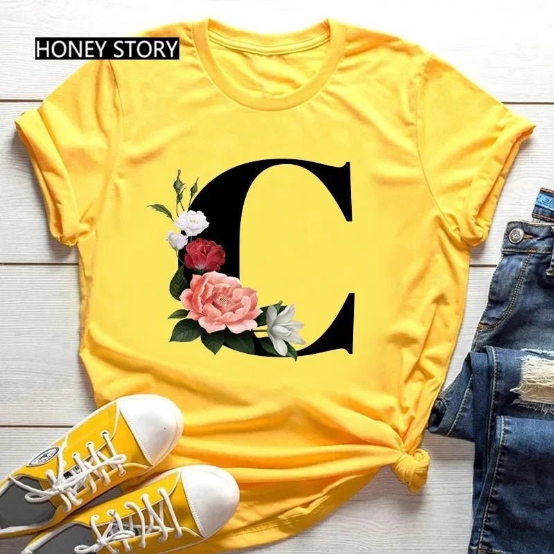 Large Size Flowers 26 English Letters Casual Yellow T-shirt Short Sleeve - Onlytenbucks.com