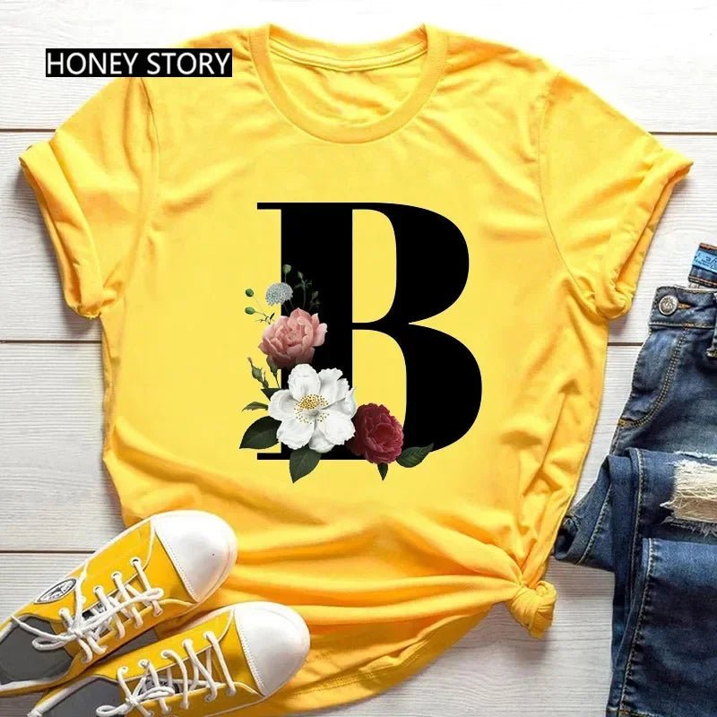 Large Size Flowers 26 English Letters Casual Yellow T-shirt Short Sleeve - Onlytenbucks.com