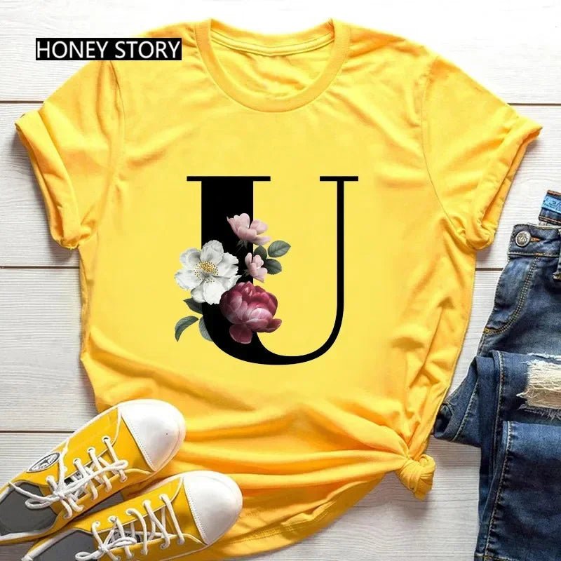 Large Size Flowers 26 English Letters Casual Yellow T-shirt Short Sleeve - Onlytenbucks.com