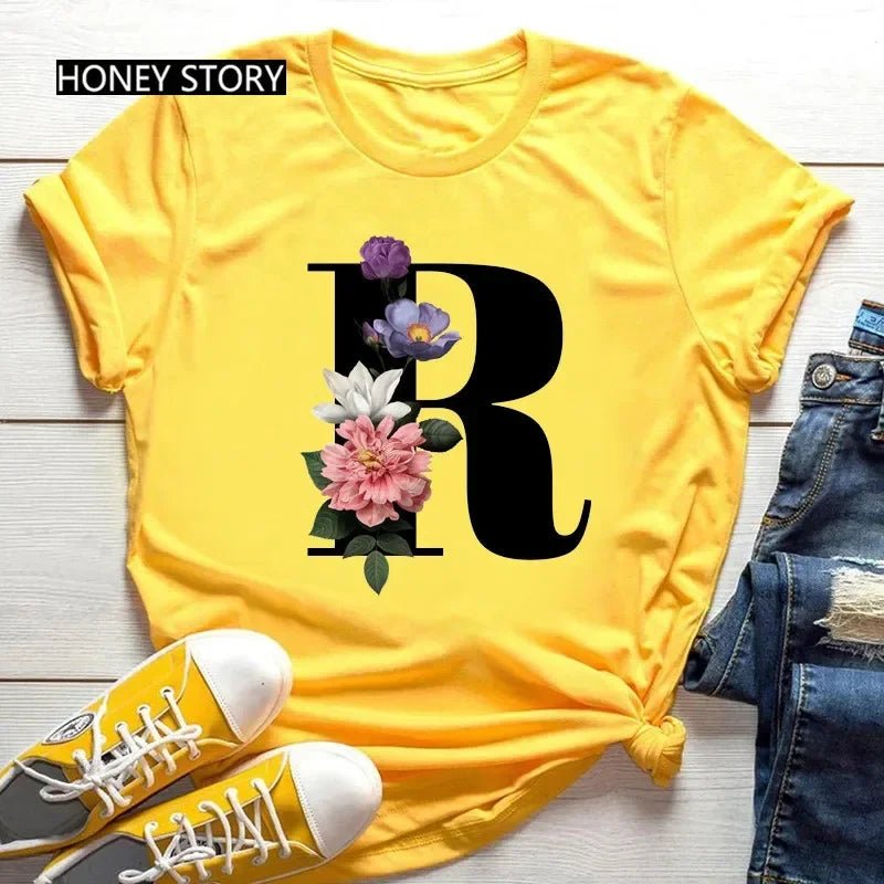 Large Size Flowers 26 English Letters Casual Yellow T-shirt Short Sleeve - Onlytenbucks.com