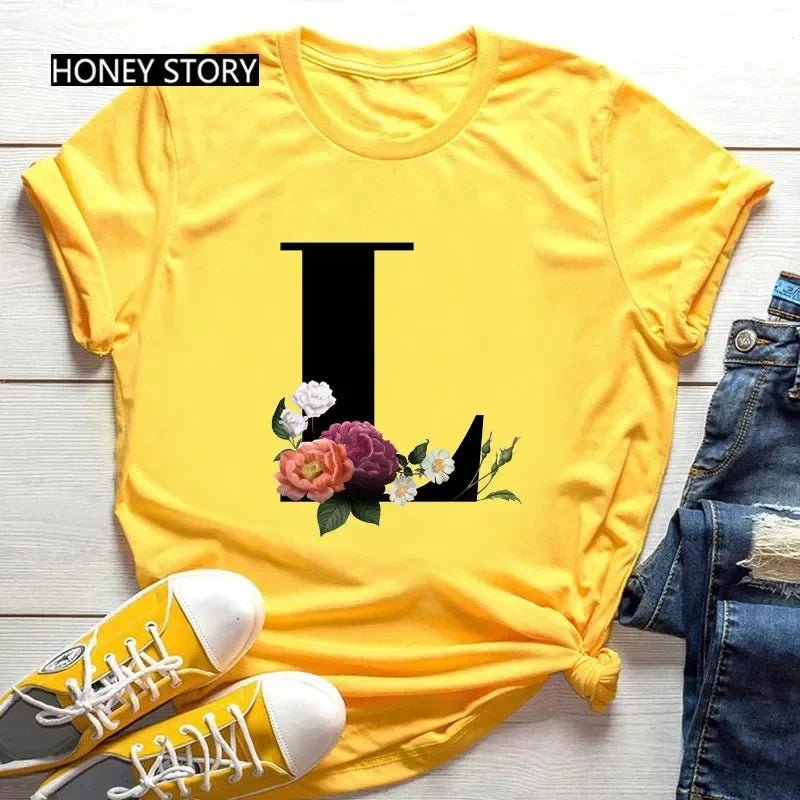 Large Size Flowers 26 English Letters Casual Yellow T-shirt Short Sleeve - Onlytenbucks.com