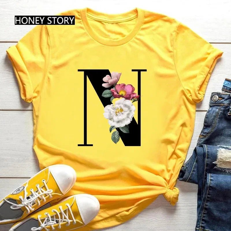 Large Size Flowers 26 English Letters Casual Yellow T-shirt Short Sleeve - Onlytenbucks.com