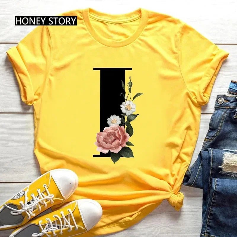 Large Size Flowers 26 English Letters Casual Yellow T-shirt Short Sleeve - Onlytenbucks.com