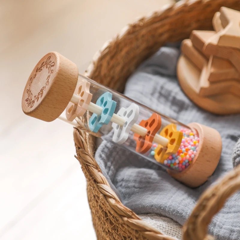 Montessori Wooden Baby Rain Stick – Rainbow Hourglass Music Rattle Toy - Onlytenbucks.com