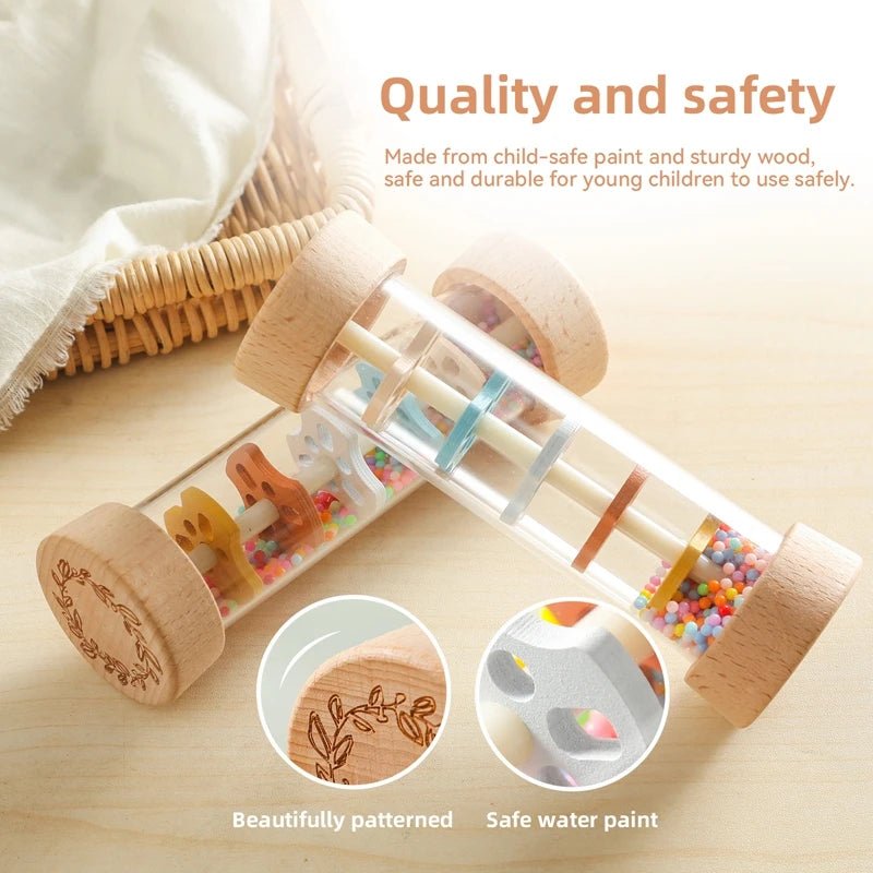 Montessori Wooden Baby Rain Stick – Rainbow Hourglass Music Rattle Toy - Onlytenbucks.com