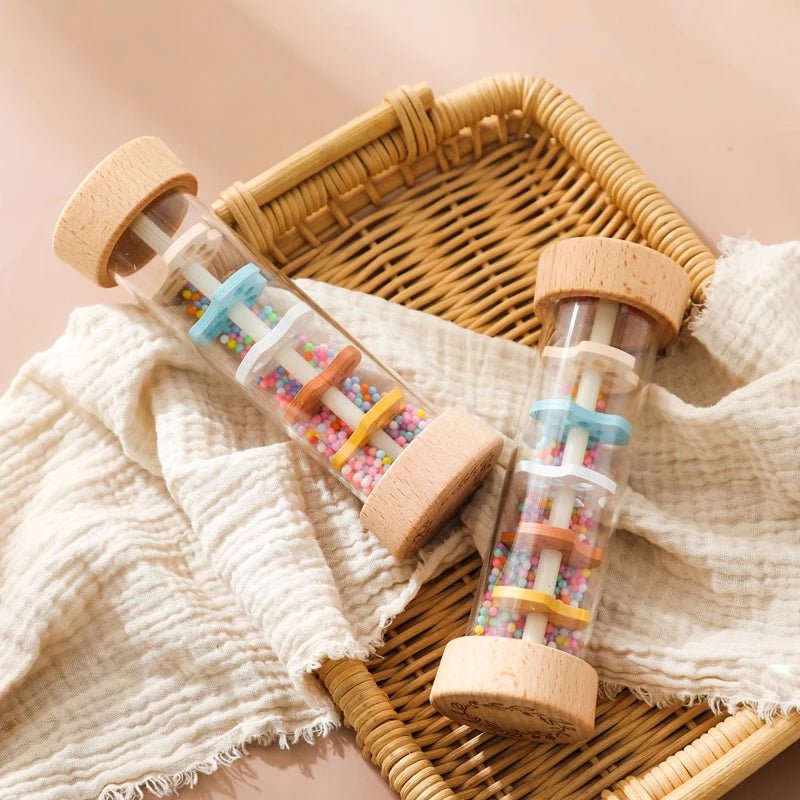 Montessori Wooden Baby Rain Stick – Rainbow Hourglass Music Rattle Toy - Onlytenbucks.com
