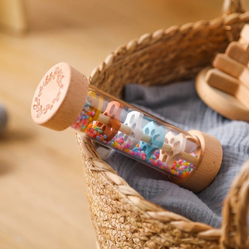 Montessori Wooden Baby Rain Stick – Rainbow Hourglass Music Rattle Toy - Onlytenbucks.com
