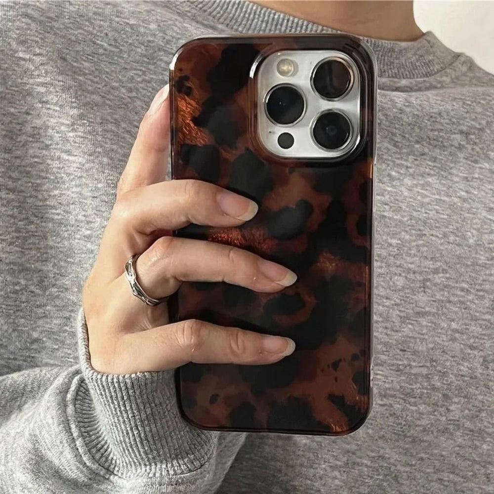 Retro Amber Laser Texture Phone Case – Leopard Print Shockproof Soft Back Cover - Onlytenbucks.com