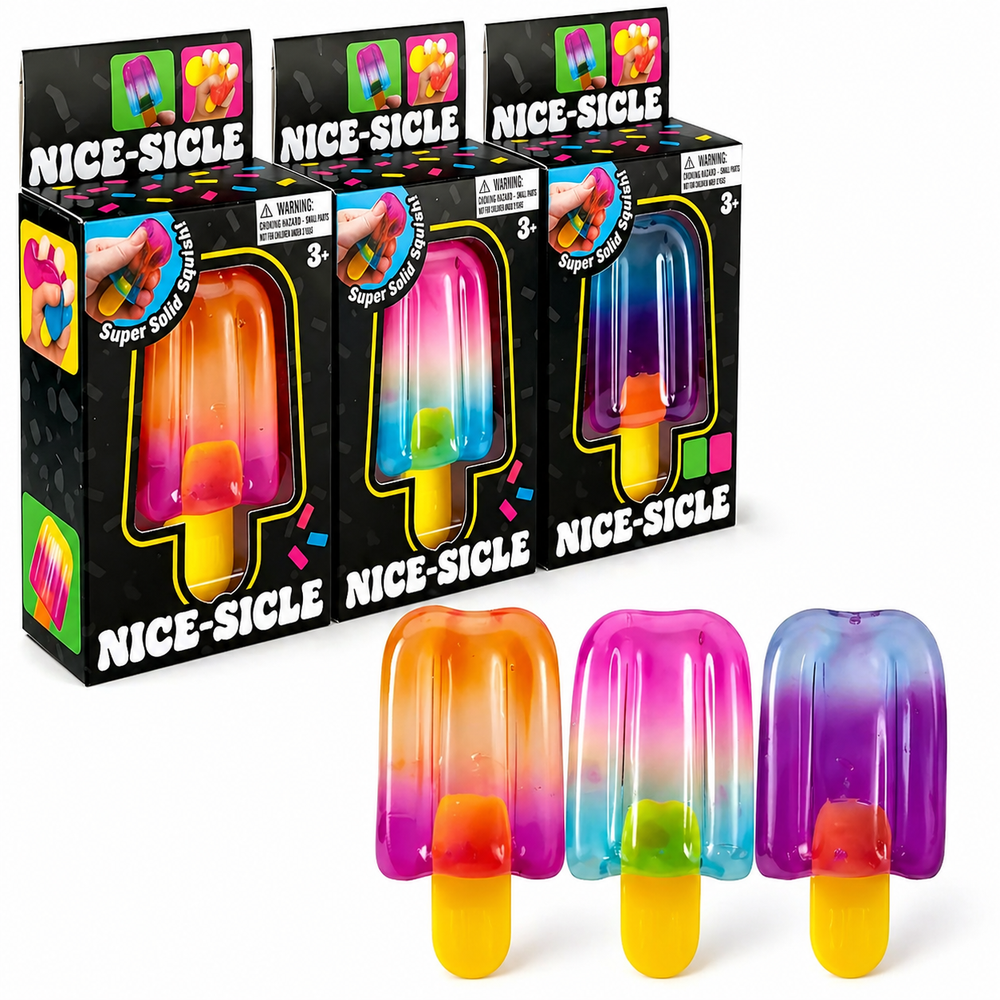 Colorful toy ice lollies with packaging labeled 'Nice-Sicle' on a white background.