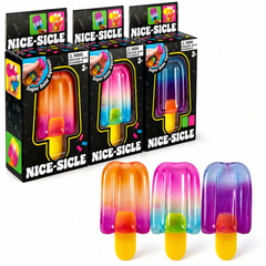 Colorful toy ice lollies with packaging labeled 'Nice-Sicle' on a white background.