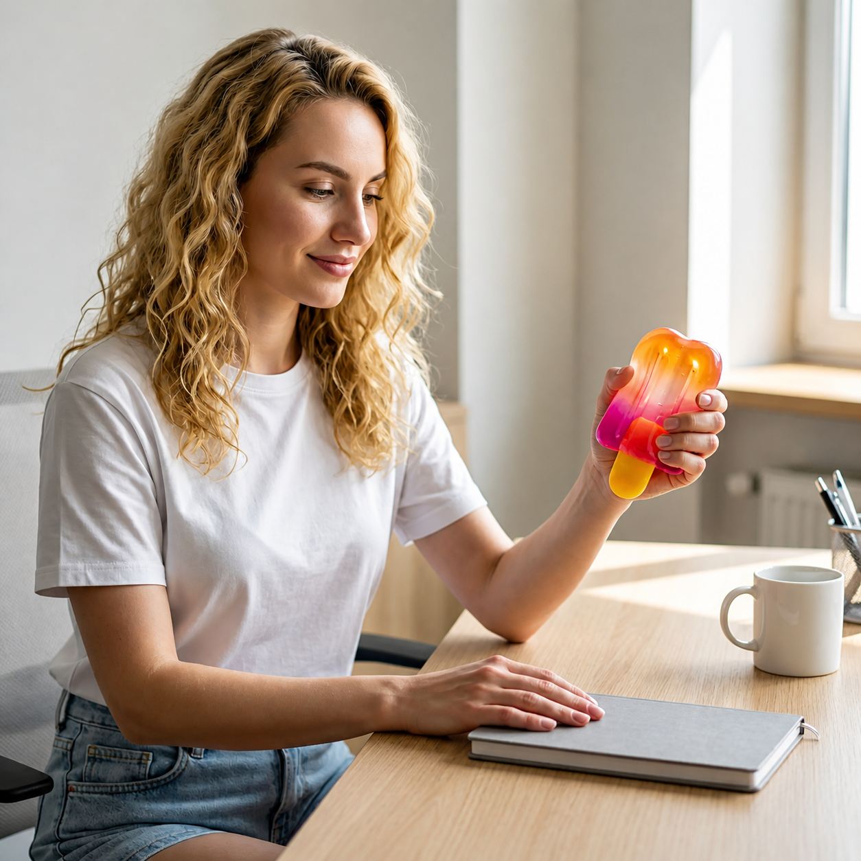 Woman holding a colorful object at a desk with a laptop and mug.