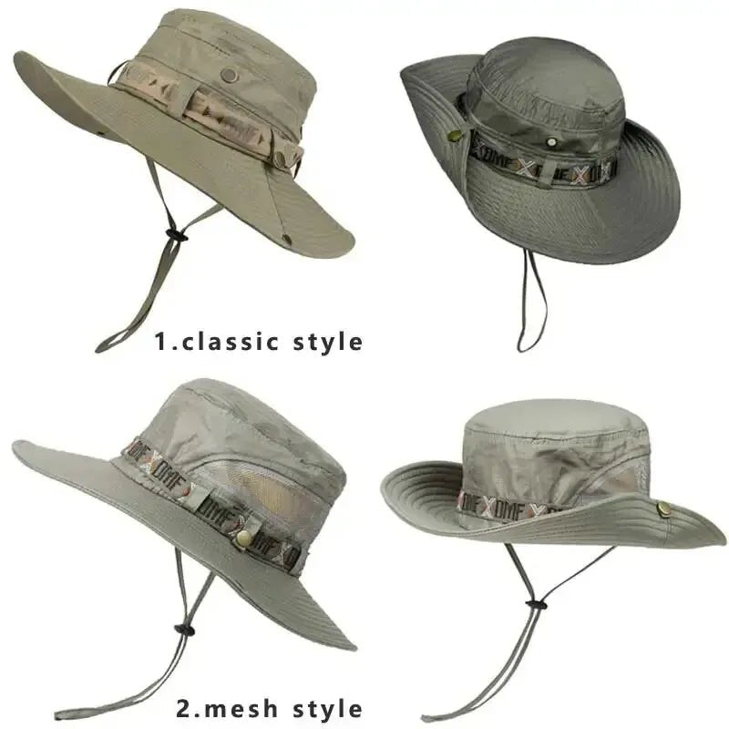 Summer Men Bucket Hat Outdoor UV Protection Wide Brim Panama Safari Hunting Hiking Hat Mesh - Onlytenbucks.com