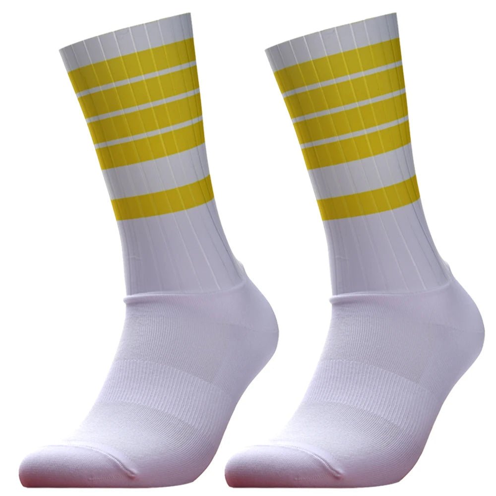 Unisex Anti - Slip Aero Cycling Socks – Silicone - Striped Knee - High Sports Socks - Onlytenbucks.com