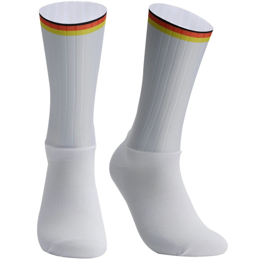 Unisex Anti - Slip Aero Cycling Socks – Silicone - Striped Knee - High Sports Socks - Onlytenbucks.com