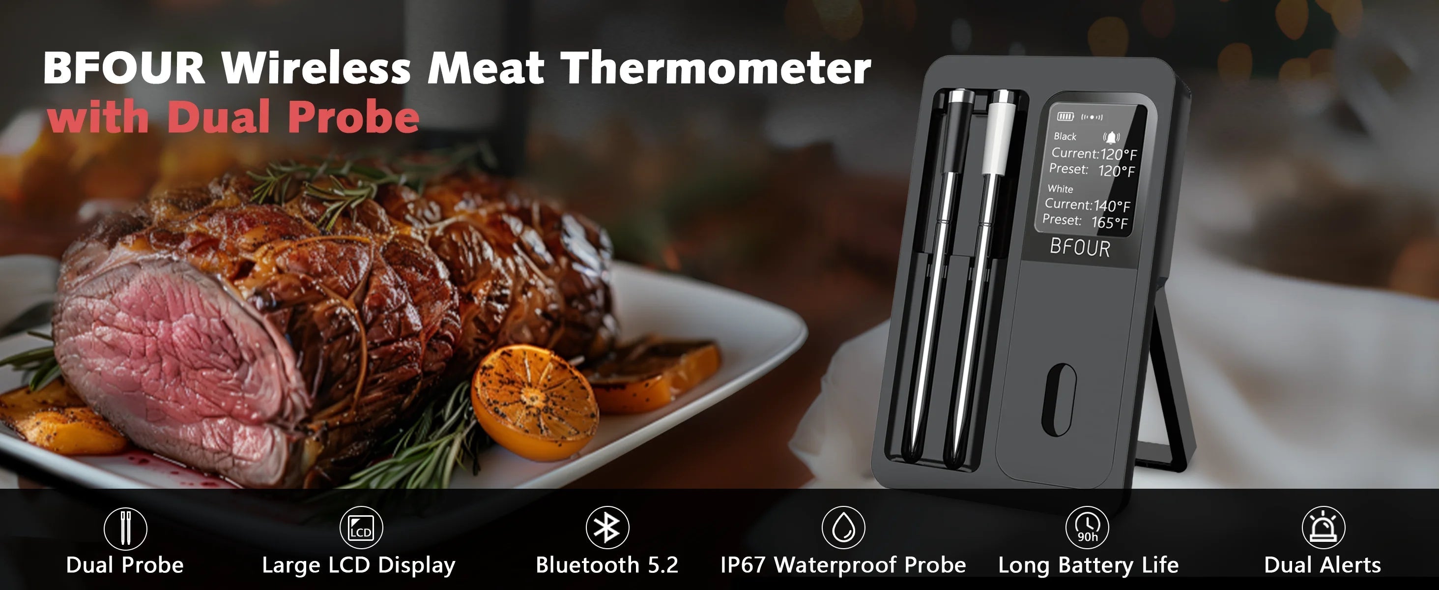 Wireless Bluetooth Meat Thermometer – IP67 Waterproof Probes with LCD Screen & Rechargeable Booster - Onlytenbucks.com