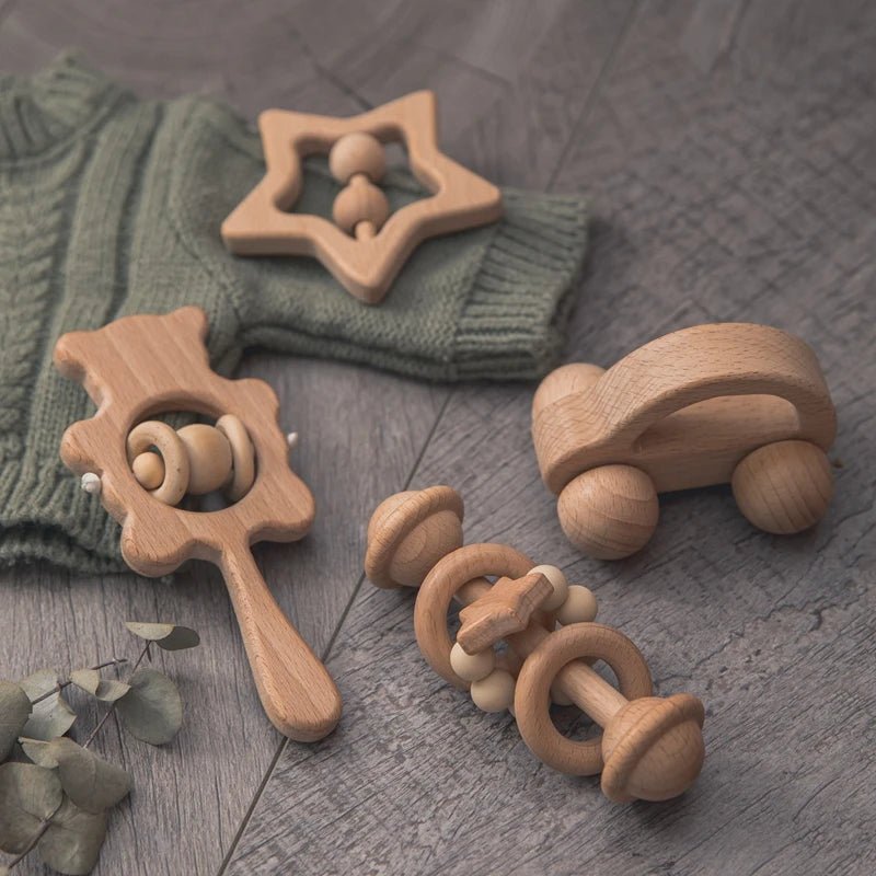 Wooden Baby Rattles Set – Beech Wood Teether Musical Montessori Toy - Onlytenbucks.com