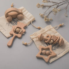 Wooden Baby Rattles Set – Beech Wood Teether Musical Montessori Toy - Onlytenbucks.com