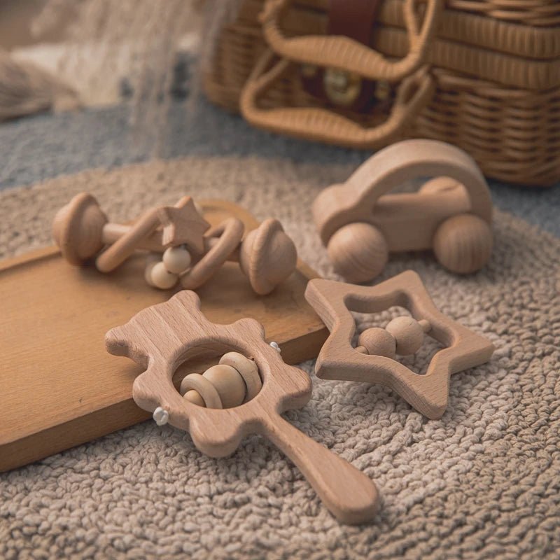 Wooden Baby Rattles Set – Beech Wood Teether Musical Montessori Toy - Onlytenbucks.com