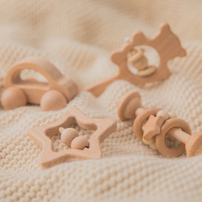 Wooden Baby Rattles Set – Beech Wood Teether Musical Montessori Toy - Onlytenbucks.com