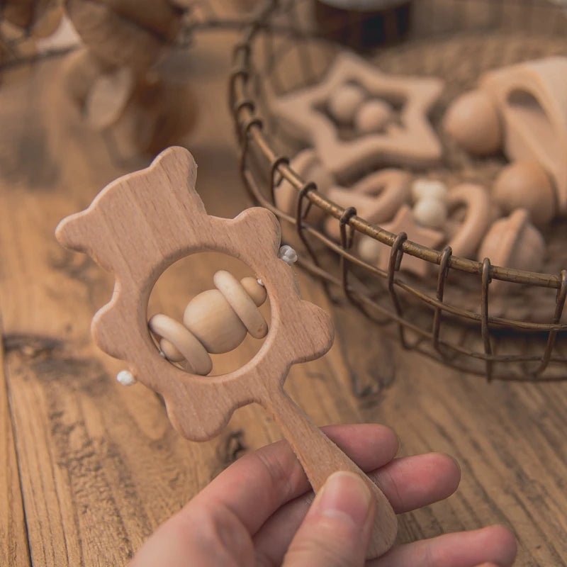 Wooden Baby Rattles Set – Beech Wood Teether Musical Montessori Toy - Onlytenbucks.com
