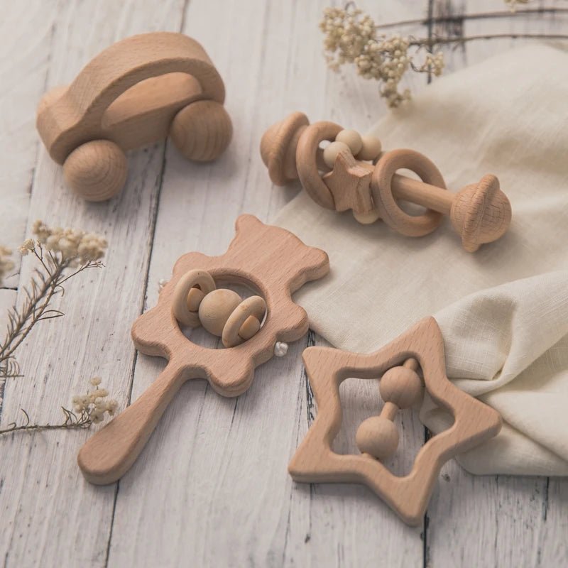 Wooden Baby Rattles Set – Beech Wood Teether Musical Montessori Toy - Onlytenbucks.com