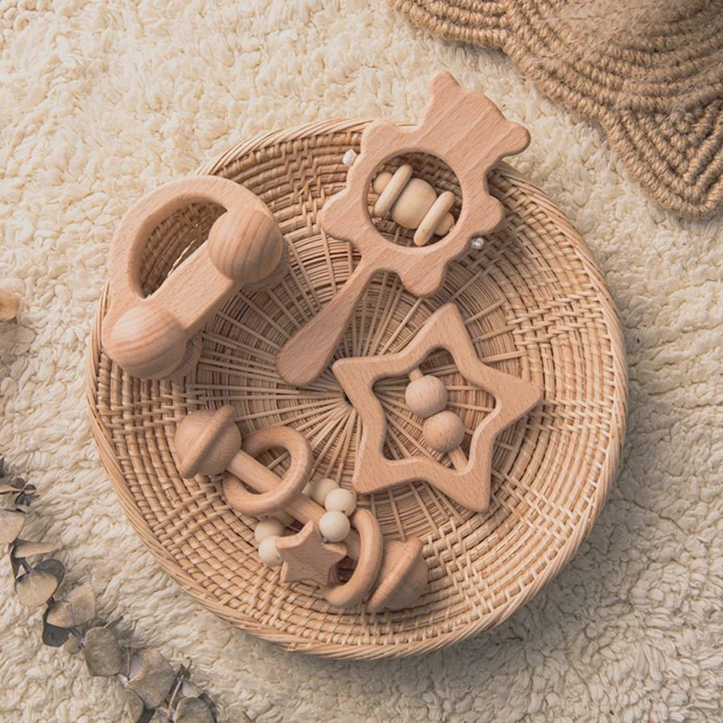 Wooden Baby Rattles Set – Beech Wood Teether Musical Montessori Toy - Onlytenbucks.com