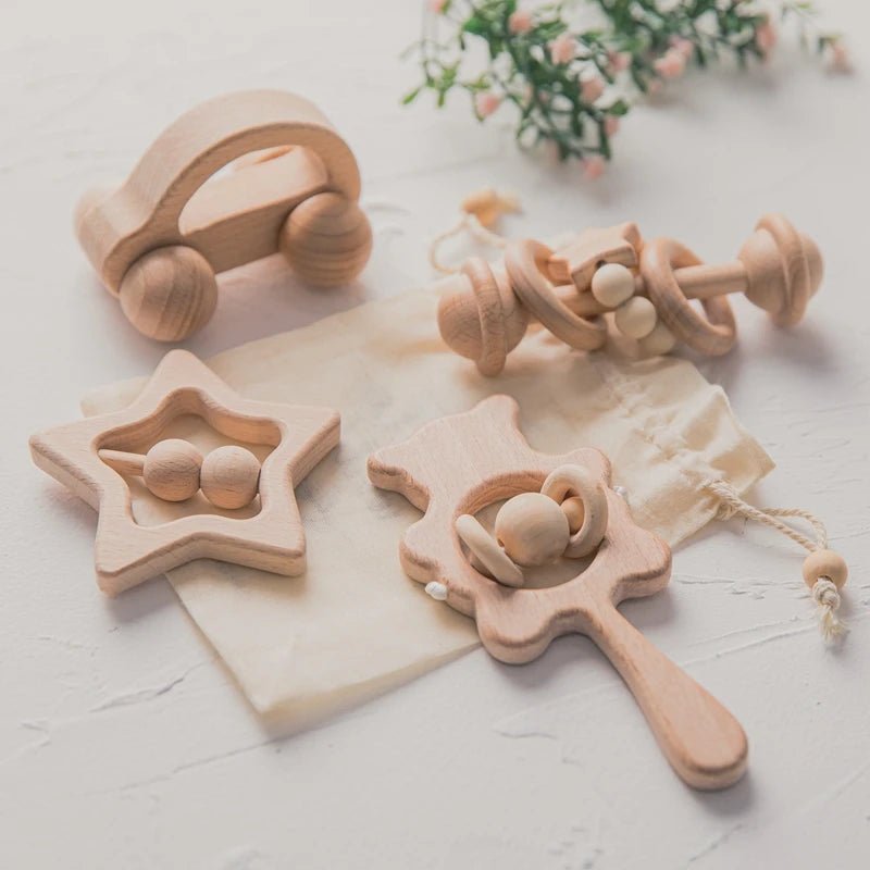 Wooden Baby Rattles Set – Beech Wood Teether Musical Montessori Toy - Onlytenbucks.com
