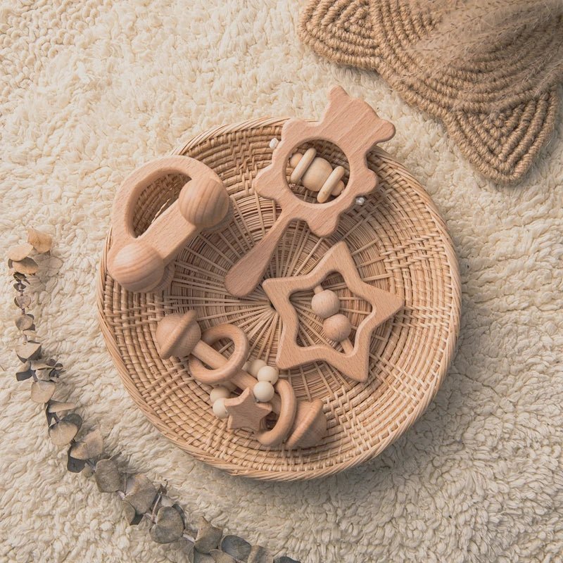 Wooden Baby Rattles Set – Beech Wood Teether Musical Montessori Toy - Onlytenbucks.com