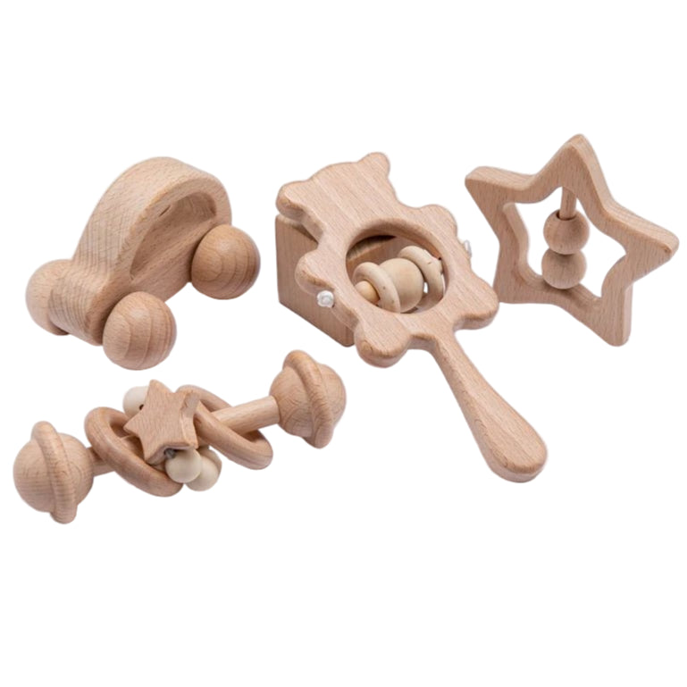 Wooden Baby Rattles Set – Beech Wood Teether Musical Montessori Toy - Onlytenbucks.com
