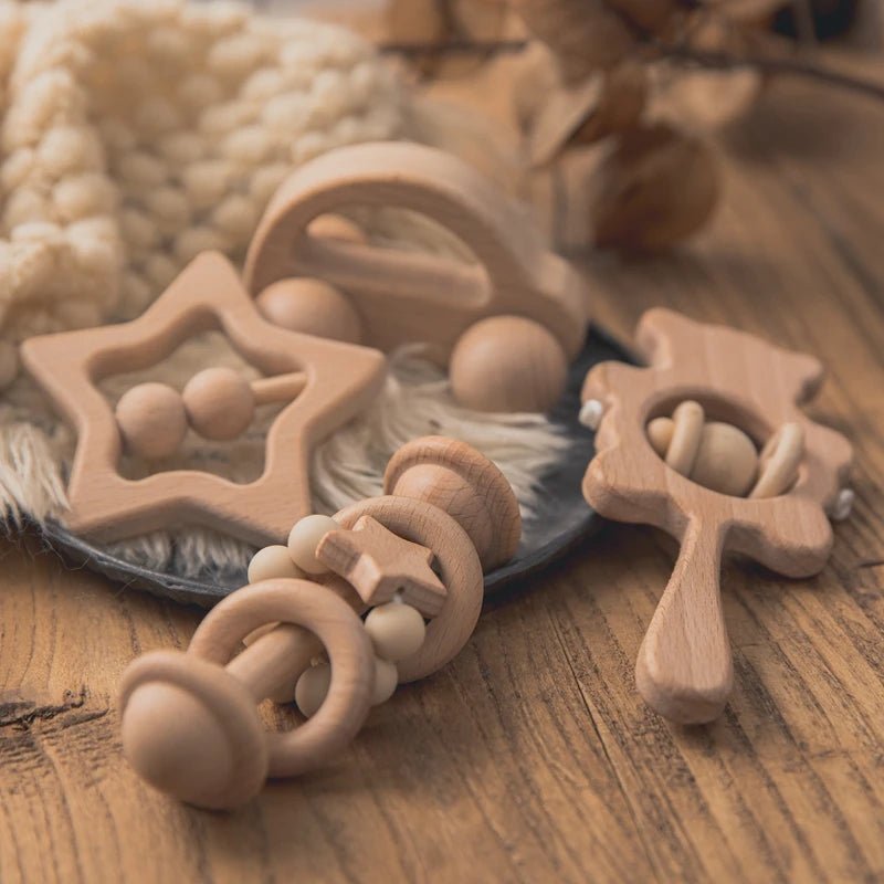 Wooden Baby Rattles Set – Beech Wood Teether Musical Montessori Toy - Onlytenbucks.com