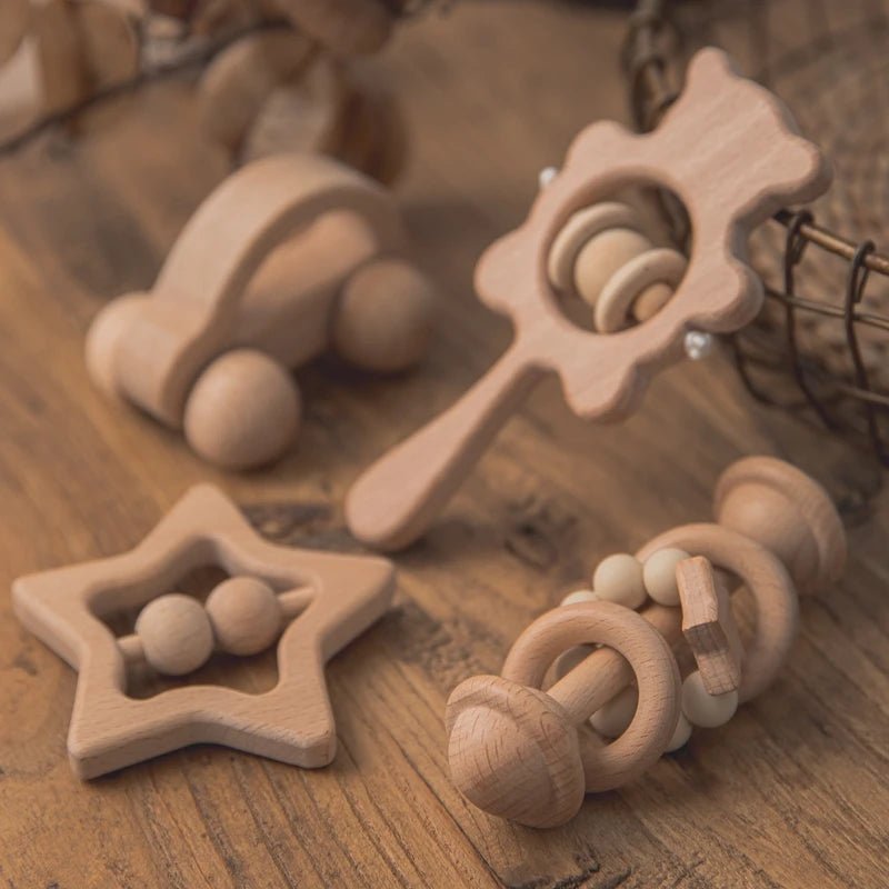 Wooden Baby Rattles Set – Beech Wood Teether Musical Montessori Toy - Onlytenbucks.com
